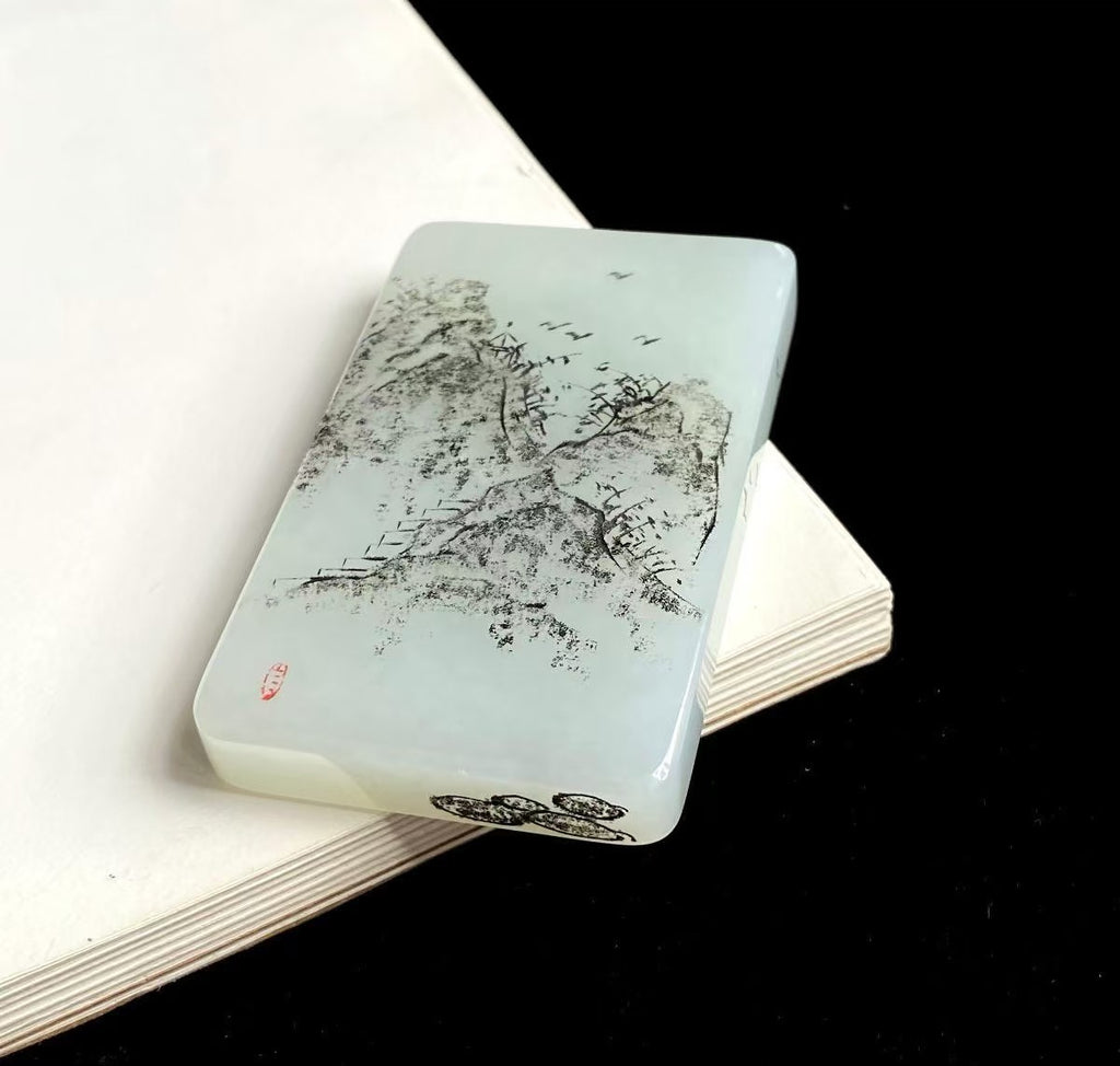 和田玉白玉陰雕山水牌掛飾