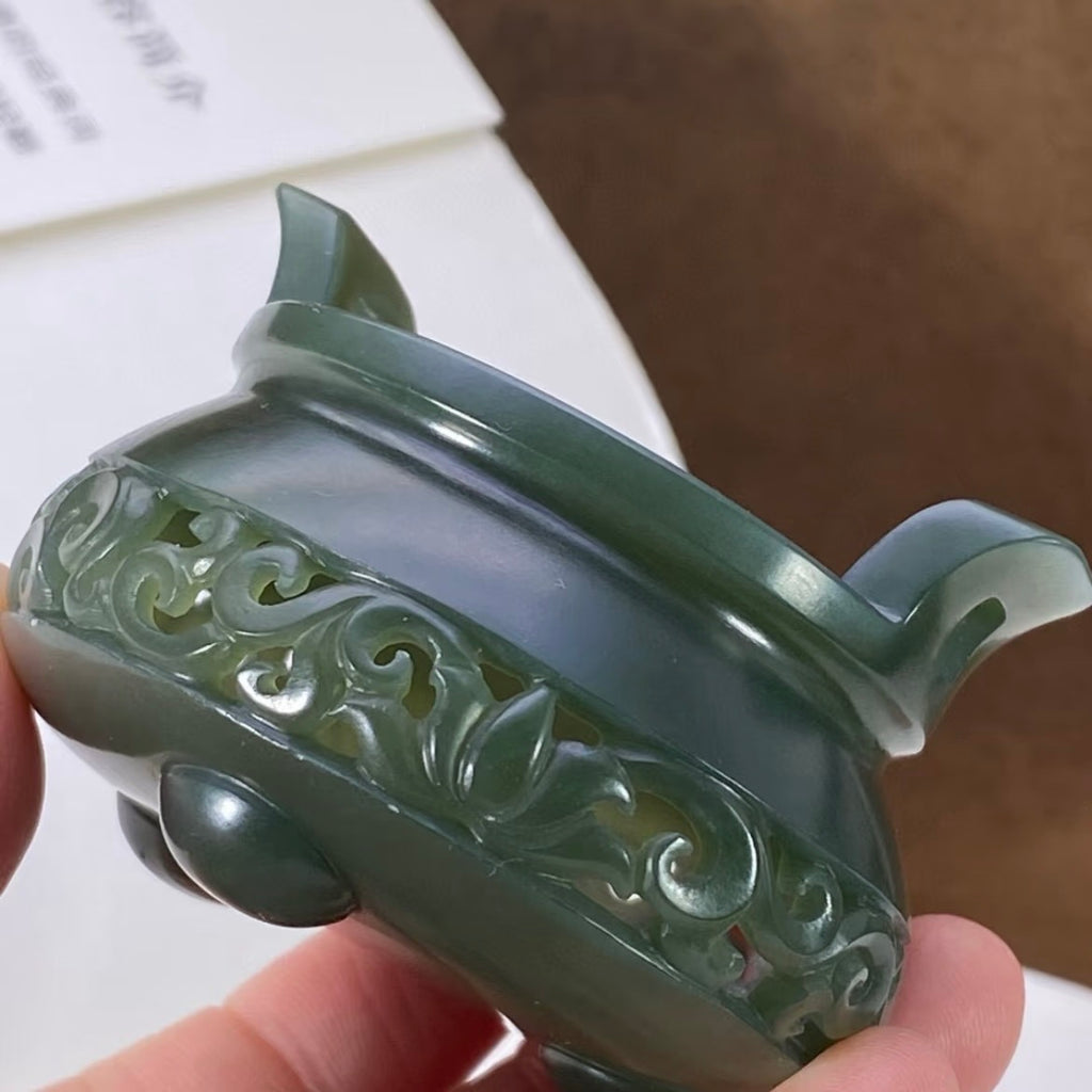 和田玉青海青玉雙耳香爐；
