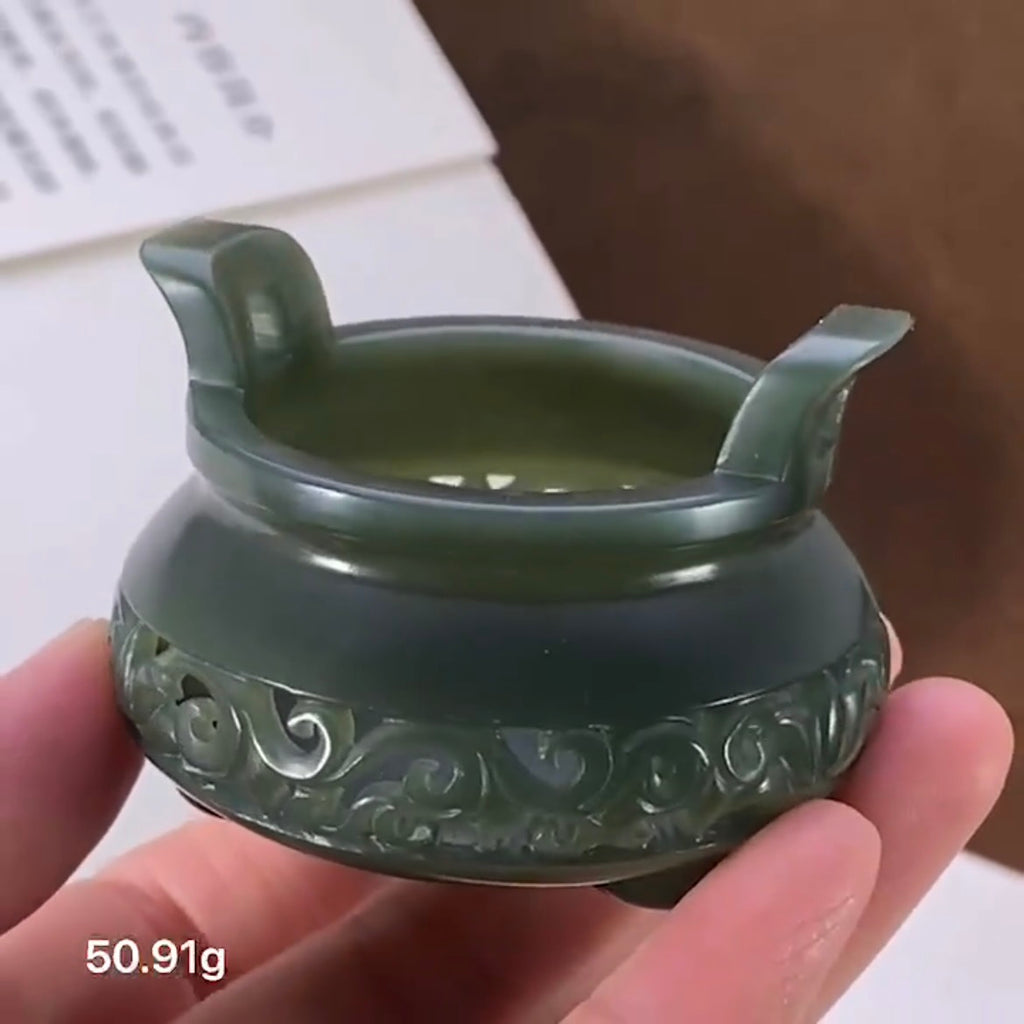 和田玉青海青玉雙耳香爐；