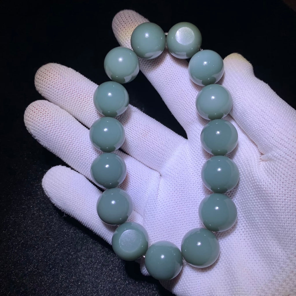 和田玉籽料沙棗青手串卡15mm